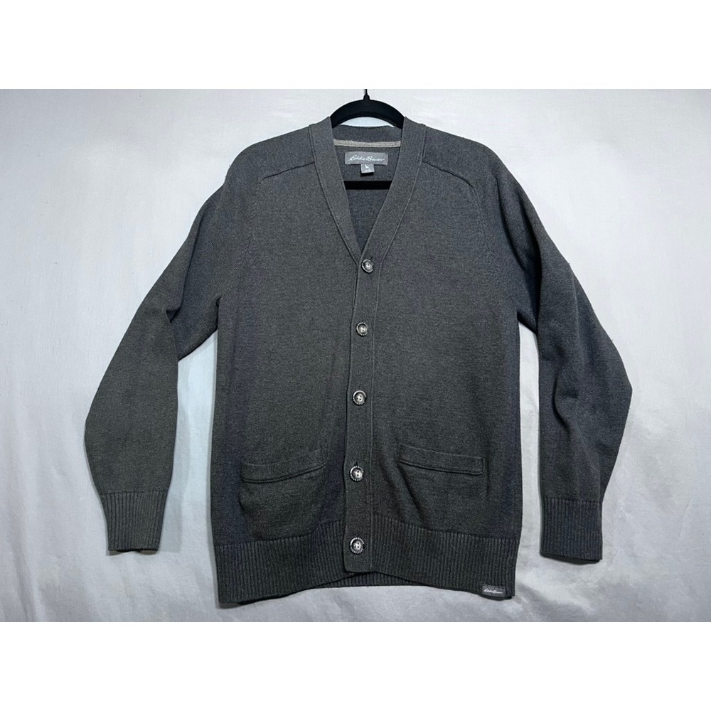 Eddie Bauer Mens Gray Button Front V-Neck Cardigan Sweater Size Medium Charcoal